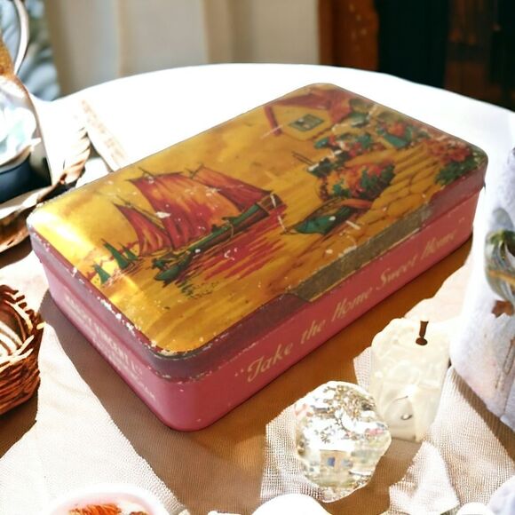 Blue Bird Toffee Tin Boat Village Design Hinged England Vtg Harry Vincent Candy. - Picture 14 of 16